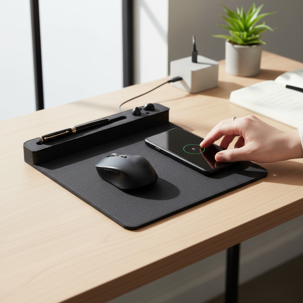 MOUSEPAD Kablosuz telefon şarj özellikli (Keten dokulu Suni Deri kaplama.)